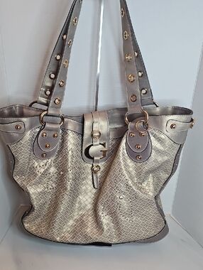Guess Metallic Silver Woven Tote with Gold Hardware